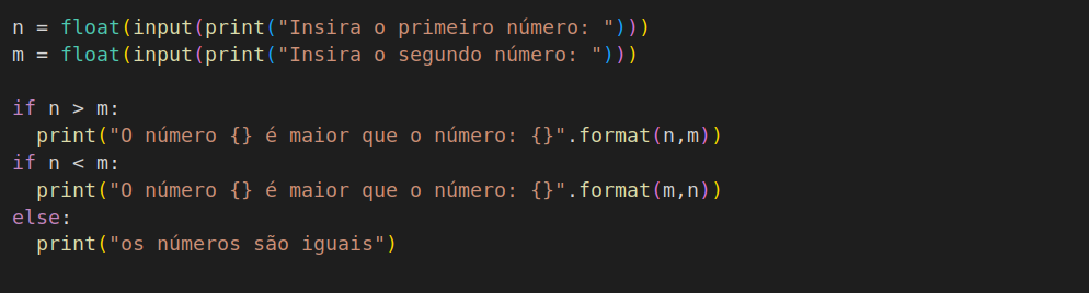 Código básico em Python 3 para determinação da relação de ordem de dados dois números.