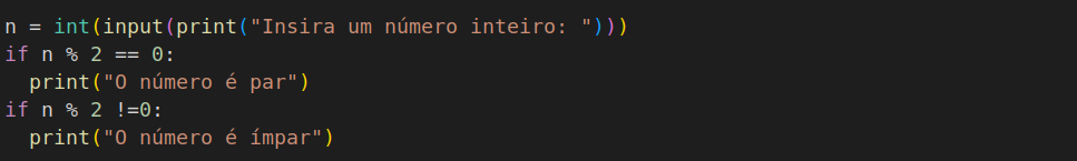 Código básico em Python 3 para determinação se um inteiro é ímpar ou par.